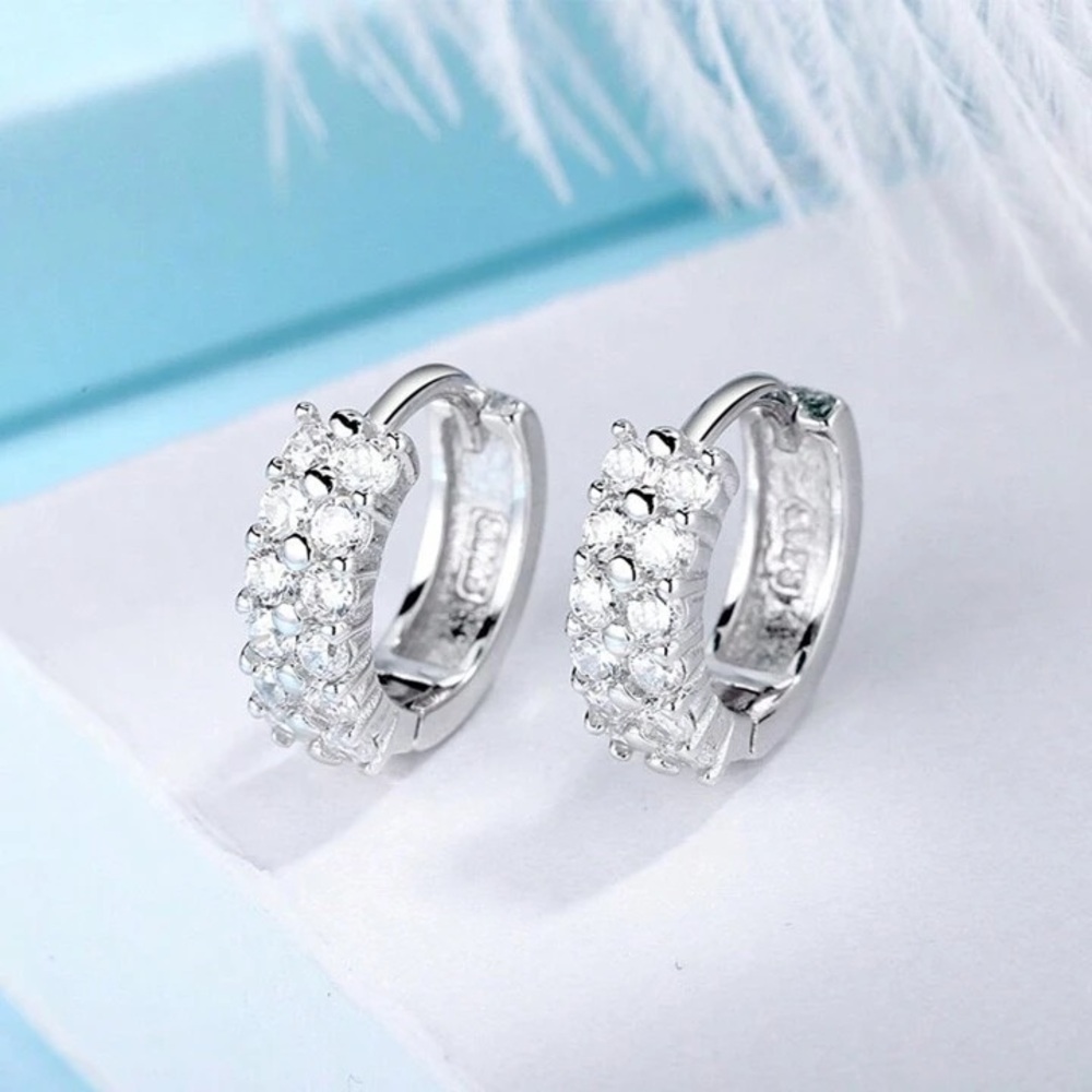 925 Silver Crystal Huggie Hoop Earrings - Sparkling White Stones